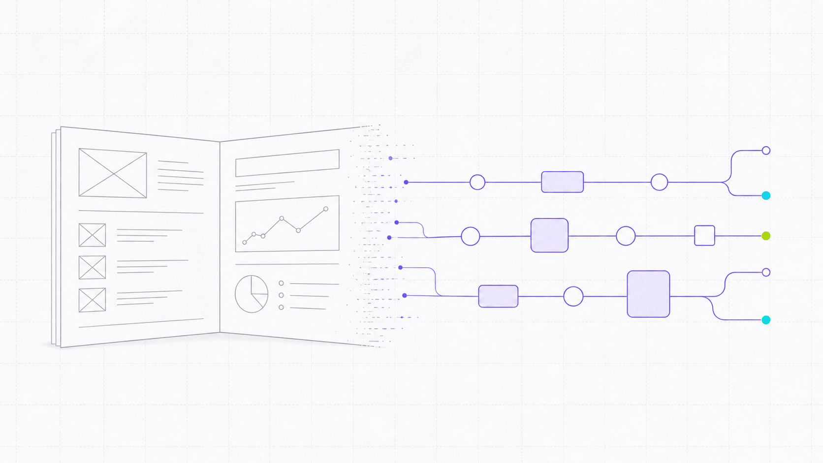 Wireframe strategy deck dissolving into connected workflow nodes