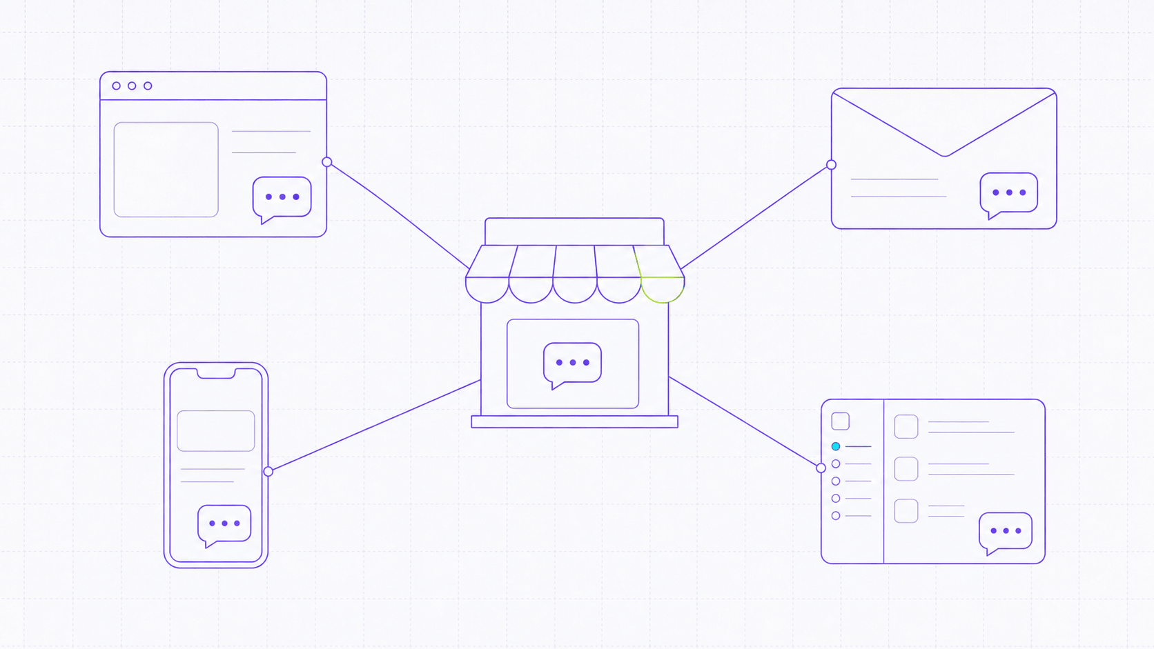 Wireframe storefront chat assistant connected to web email SMS and Slack-style channels