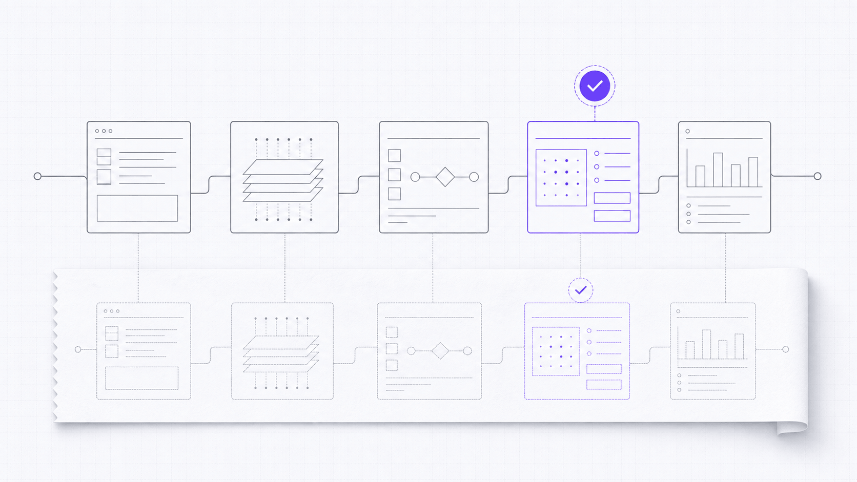 Wireframe healthcare workflow pipeline with an approval step and mirrored audit record