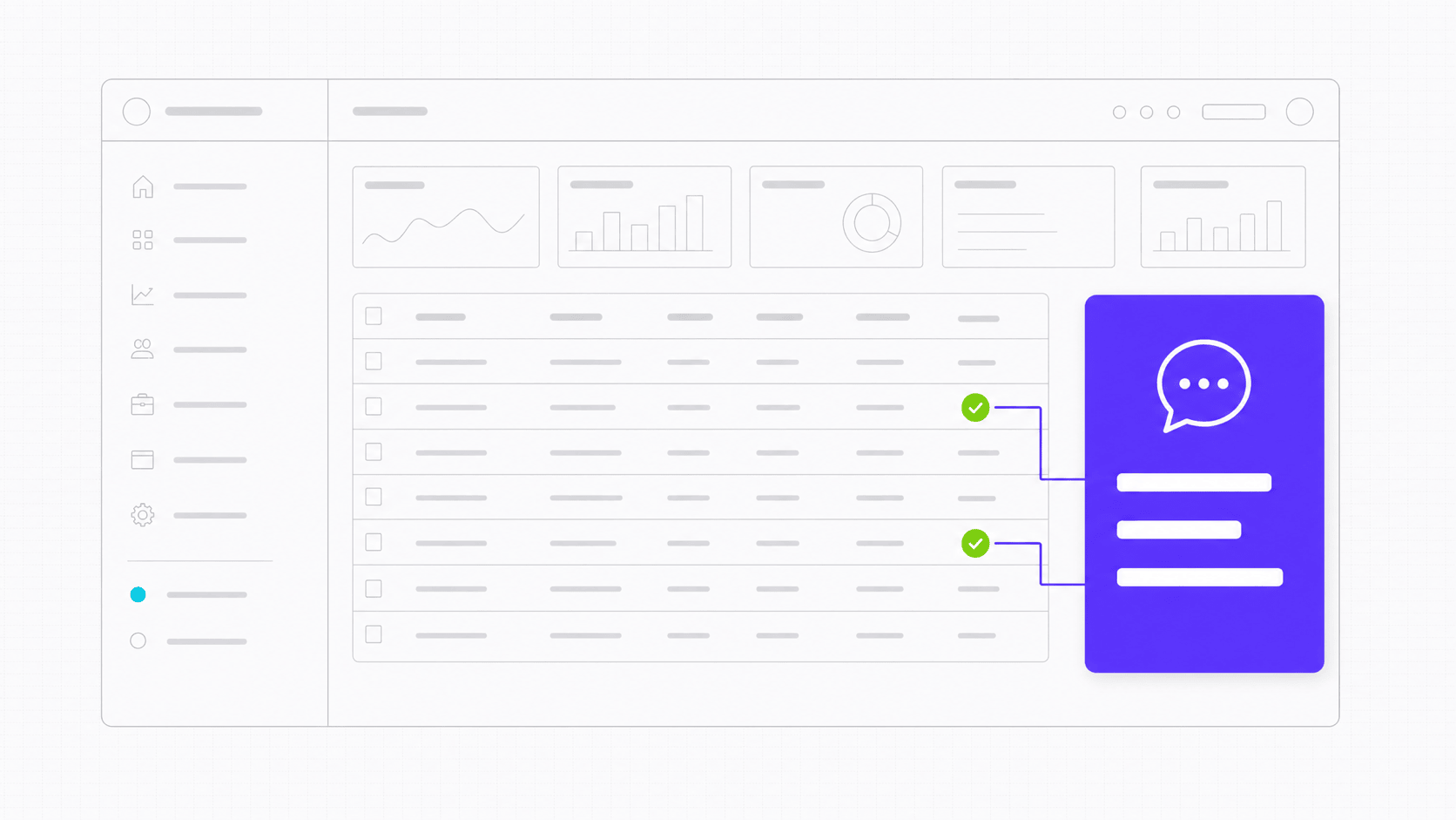 Wireframe SaaS dashboard with a bold violet embedded agent panel updating table rows marked with green checks