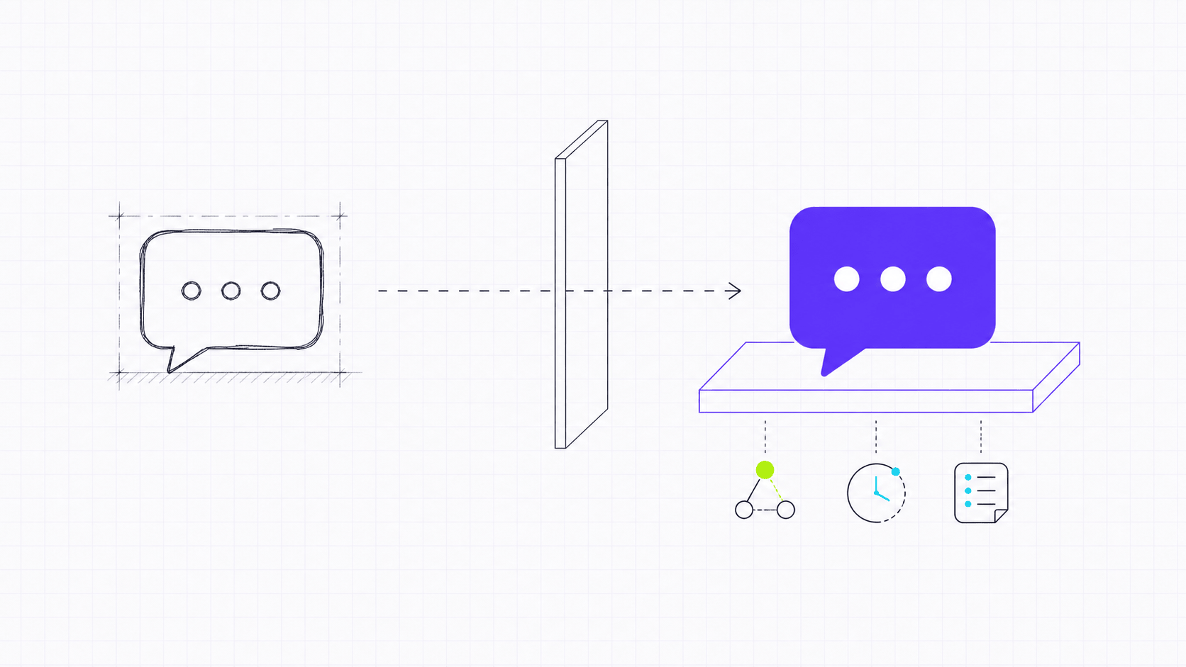 Wireframe prototype chat bubble becoming a production-ready runtime surface